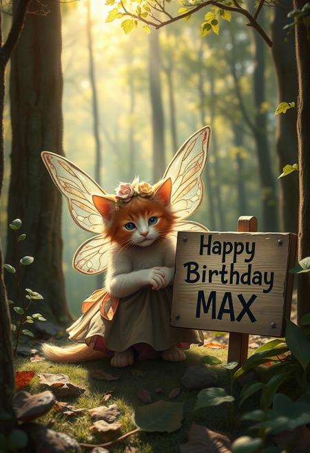 fairy, with very cute little kitten, in a forest with sign "Happy Birthday Max", dappled light,  by Alphonso mucha and Renoir