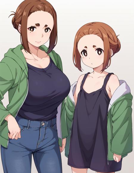 largesmrk, smallsmrk, largesmrk, short hair, brown hair, single hair bun, brown eyes, thick eyebrows, mole under eye,  large breasts,  smallsmrk, age regression, aged down, short hair, brown hair, single hair bun, brown eyes, thick eyebrows, mole under eye, flat chest,  score_9, score_8_up, score_7_up, source_anime, anime coloring,