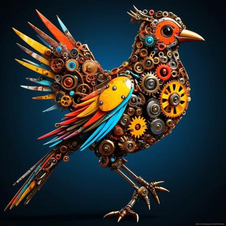 sfw,  dynamic splashes, bright colors, high contrast,  mechanic bird made of roast gears with colourful metal , hyperdetailed, photorealistic,<lora:challenge\gearstyle-000001.safetensors:0.8500000000000002:0.8500000000000002>