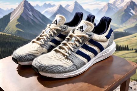 w00len, a hyper realistic view of a ((pair of adidas sneakers made out of wool and yarn)) wool fluffy yarn city backdrop