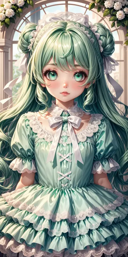 Mint Green and White Shiny Satin Lace-Trimmed Dress