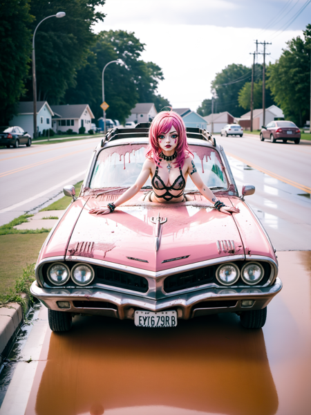 Weird Cars Concept, american style boat car, minnesota license plate, a small pink and silver car parked on the side of the road, extreme light and shadow, post apocalyptic, insane detail, absurdres, knives on the wheels, splatter spray painted detail, rusted, old, thunderstorm, flooding, people surfing waves, extreme light and shadow, Drag queen standing by the hood, kawaii, realistic, <lora:Euro_carsSDXL:1>