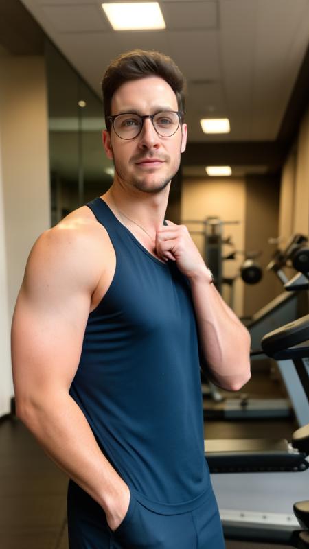 handsome guy, realistic, <lora:DoctorMike:0.8>, DoctorMike, male focus, masculine, male, 1boy, european man, facial hair, (ultra_realistic), eyeglasses, upper body, broad shoulder, tank top, muscular_male, indoors, fitness room, gym, look looking at viewer,, (masterpiece,best quality:1.5)