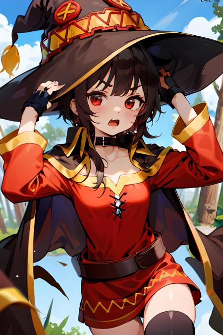 blue sky, forest, asymmetrical legwear, belt, black cape, collar removed, collarbone, fingerless gloves, hand on headwear, looking at viewer, open mouth, upper teeth only, v-shaped eyebrows, witch hat, <lora:megumin_v1:1>, megumindef