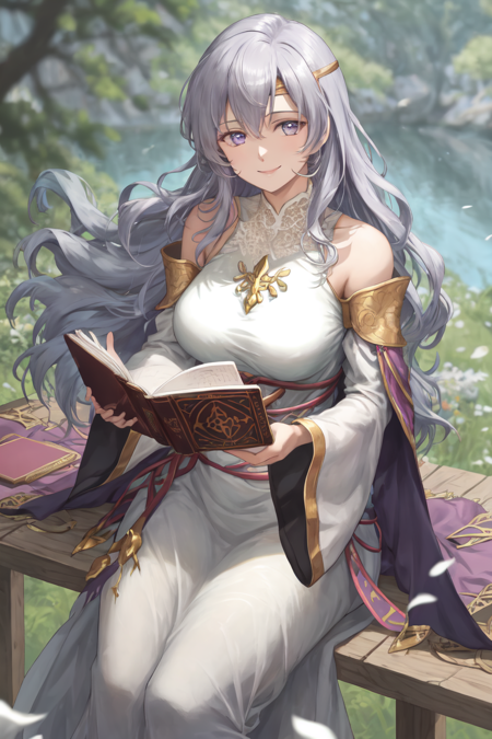 <lora:Deirdre_FE-10:0.9>  deirdre fe, 1girl, solo, looking at viewer, smile, large breasts, dress, holding, bare shoulders, jewelry, outdoors, detached sleeves, wide sleeves, white dress, book, holding book, circlet, open book