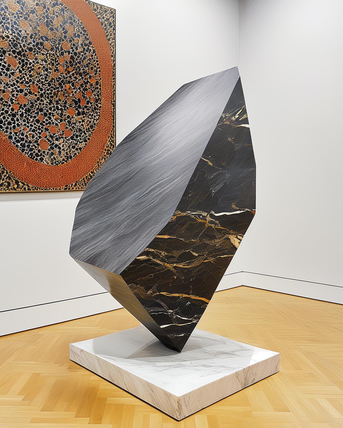 A large black and brown sculpture on a white base.