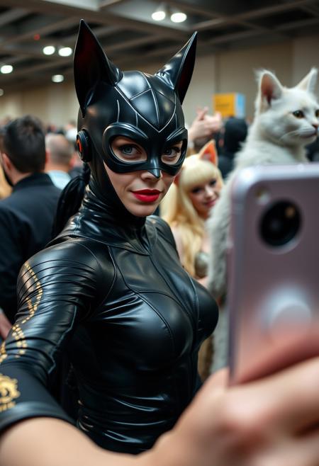 portrait of Catwoman at a fury convenion, surrounded by people in cats costumes, piece sign, candid selfie style