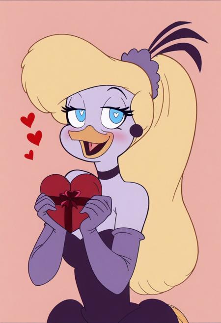 Goldie, big hair, beak, bird girl, solo, blonde hair,bird  girl, long hair,1girl, solo, furry, dress,long hair, pink background,fur, furry female, gloves, teeth, holding,fur, bird tail,blonde hair, blush,fur, body fur, elbow gloves, simple background, happy, smile, heart, open mouth,bird tail, bare shoulders,bird girl, purple dress, looking at viewer, half-closed eyes, puffy sleeves,blue eyes, snout, jewelry, purple gloves, earrings, short sleeves, puffy short sleeves, valentine, fur, pink gloves, white pupils, chocolate, food, bright pupils, upper body, heart-shaped box, strapless, candy, cropped torso
score_9, score_8_up, score_7_up, score_6_up <lora:GoldieRockaPony1.0:0.8>