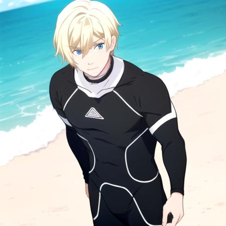 (1boy, solo focus, muscular male), black and white bodysuit, wetsuit, sho akitsuki <lora:Sho_Akitsuki:0.5> , blonde hair, beach, wet hair, sweat, ((facing viewer, looking at viewer)), arms behind head, full body,