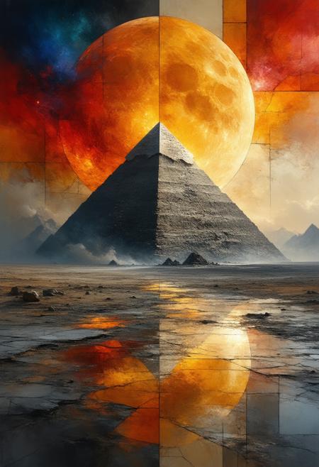 A breathtaking and otherworldly depiction of a planet orbiting three suns, with a colossal, reflective pyramid dominating its surface, rendered in a fractured, stained-glass Cubist style. The composition shatters the scene into geometric shards, showcasing multiple perspectives of the planet's scarred landscape, the intense solar flares, and the pyramidâs multifaceted surface. The palette explodes with vibrant oranges, yellows, and deep blues, contrasted by stark black lines and a soft, internal glow emanating from the pyramidâs reflective surfaces. Photorealistic textures of crystalline rock and shimmering solar winds blend seamlessly with the abstract fragmentation to create a sense of awe-inspiring scale and alien beauty. Ultra detailed, 8k resolution, volumetric lighting, octane render, emphasizing the dramatic lighting and reflective qualities of the pyramid and the intense solar activity.