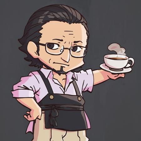 masterpiece, best quality, solo, 1boy, smirk, looking at viewer,    <lora:Sojiro_Fp:1>, sojirop5, collared shirt, glasses, pants, apron,   <lora:FEH-MTH_Fp:0.8>, chibi, simple background, coffee,