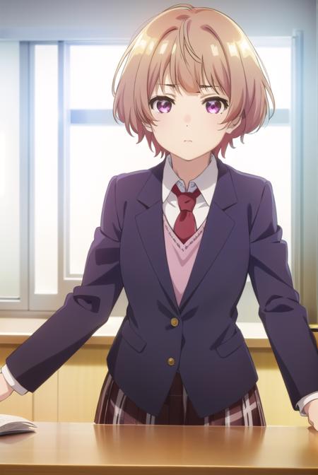 hanabinatsubayashi, <lora:hanabi natsubayashi s1-lora-nochekaiser:1>,
hanabi natsubayashi, short hair, brown hair, (pink eyes:1.2),
BREAK skirt, shirt, long sleeves, school uniform, jacket, white shirt, pleated skirt, necktie, collared shirt, plaid, plaid skirt, blazer, red necktie,
BREAK indoors, classroom,
BREAK looking at viewer,
BREAK <lyco:GoodHands-beta2:1>, (masterpiece:1.2), best quality, high resolution, unity 8k wallpaper, (illustration:0.8), (beautiful detailed eyes:1.6), extremely detailed face, perfect lighting, extremely detailed CG, (perfect hands, perfect anatomy),