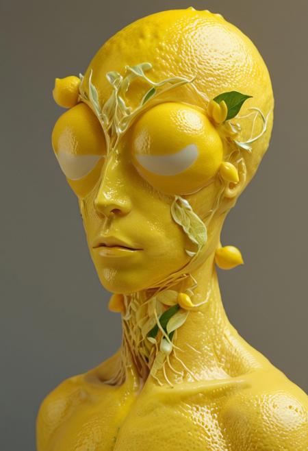 A lemon-inspired humanoid character, boasting a lemon-shaped head with typical facial features, possesses skin texture and color akin to a real lemon. Despite its citrus origin, its alluring, human-like body is considered sexually appealing, exuding enchanting, fantasy-like charm.