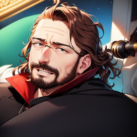 anime style illustration of (NikoPueringer:0.99) a man with short brown curled hair, solo, 1boy, wearing a black jacket with a feathered collar, (with a beard and facial hair:1.1), detailed face, closed mouth, (with a surprised  look on his face:1.1), high quality, high detail, masterpiece, art by Tomioka Jirou