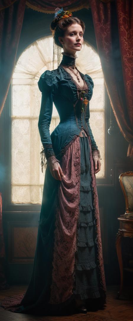 award winning photograph, full body view, woman with a very long neck, victorian-style clothing, chroma, rim lighting, volumetric, 8k resolution, trending on artstation, <lora:xl_more_art-full_v1:0.8>