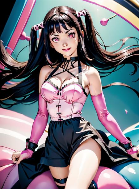 1girl,solo,black hair,smile,breasts,ribbon,long hair,two side up,hair ribbon,pink eyes,twintails,medium breasts,looking at viewer,bangs,blunt bangs,lipstick,<lora:RubyT-011:0.8>,elbow gloves,long dress,cleavage,twintails,dress,choker,bare shoulders,gloves,detached sleeves,pink corset,black dress,(bouncy castle background:1.2),(Lying with knees pulled to chest :1),