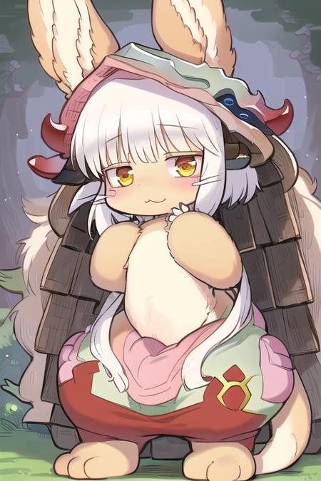 (((best quality))), (solo), (full body), (kemono), ((nanachi)), (cute face), cute ears, detailed  white hair, detailed beige body, detailed white chest, fluffy tail, in forest, (detailed background), (higher body detail), (explicated), ((masterpiece))