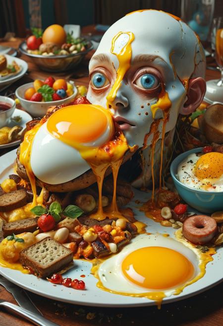 Weird and eerie, a humanoid combined with breakfast dishes, dripping fat egg eyes, repulsive sausage, a photorealistic and expressively detailed "Breakfast Feast" by Marc Simonetti, Alberto Seveso, Jeremy Geddes, and Gediminas Pranckevicius, features a hyperdetailed portrait, photoillustration, and dark nanopunk concept art, intricately crafted album cover art, exhibiting hyperrealism, volumetric lighting, maximalism, and clever use of complementary colors captured by a macro lens, showcasing plump, ugly, nasty, and horrible elements in the composition.