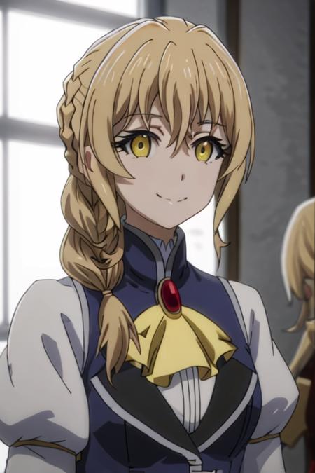 best quality, masterpiece, highres, solo, {guild_girl_goblinslayer:1.15}, blonde_hair, braid, yellow_eyes, long_hair, ascot, hair_between_eyes, smile, anime_coloring, 1girl, bangs, looking_at_viewer, closed_mouth, brooch, hair_over_shoulder, parody