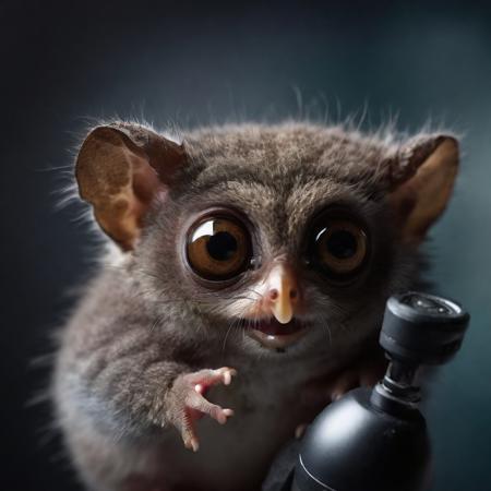 a cute tarsier, chubby and fluffy, grey, overhead and ring lights, Hyper-realistic photograph, shot with Hasselblad X1D, uhd image, 8k resolution, in the style of elke vogelsang, humorous caricature, in the style of Elliott Erwitt, isolated