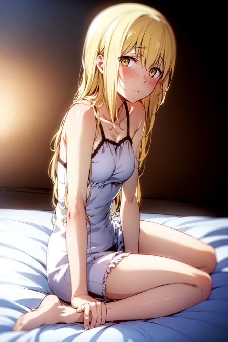 AizWallenstein,1girl, pillow, bed, blonde hair, on bed, solo, long hair, yellow eyes, sitting, bed sheet, breasts, looking at viewer, arm support, sleeveless, sitting on bed, barefoot, indoors, blush, medium breasts, bare shoulders, futon, collarbone