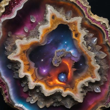 An extremely colorful galactic nebula within the edges of the crystal cuts of a ornately crafted geode, deep color, baroque, filigree