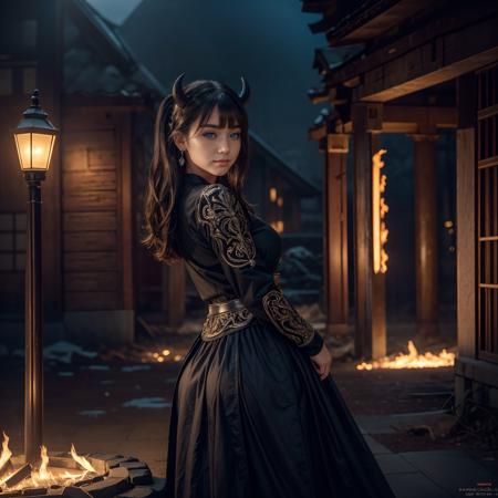 1girl, japanese huge breasts, jeweleries, diamonds, earrings, 
beautiful, elegant, black demon, city, burning, burning city, ruins, ruined city, <lora:add_detail:1>