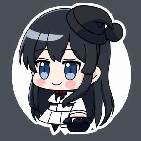 PadoruMeme, black school uniform, white skirt, red bow, gray blue eyes, white collar, (blue and white skirt), checkered_skirt, pleated skirt, black hair, smile, blush, long hair, 1girl solo