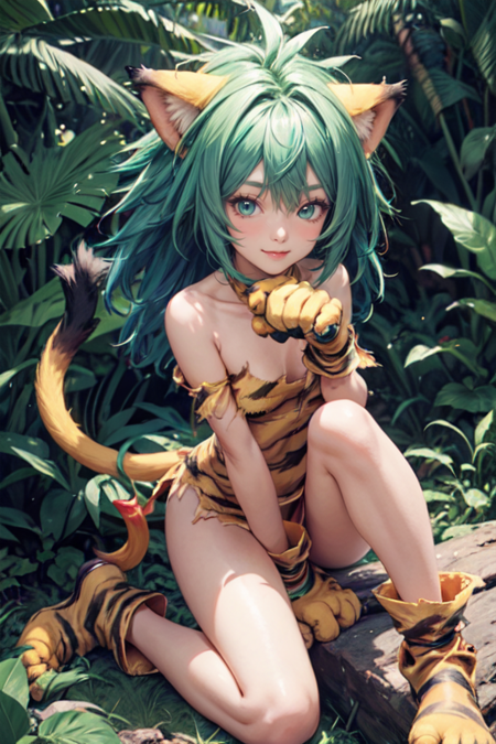 animal ears,gloves,animal hands,tiger print,animal print,tail,green hair,1girl,paw gloves,long hair,cat ears,green eyes,solo,paw shoes,shoes,fang,blush,looking at viewer,small breasts,smile,tiger ears,jungle background,tiger tail,tiger girl,cat tail,bare shoulders,solo focus,torn clothes,jewelry