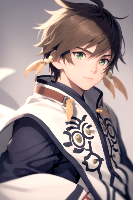 masterpiece, best quality, 1boy,  sorey,  solo, closeup, brown hair,  green eyes, cape, earrings, male focus  <lora:Sorey:1>