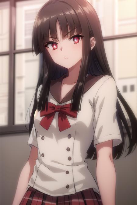 sarasvati, <lora:sarasvati s2-lora-nochekaiser:1>,
sarasvati, long hair, black hair, (red eyes:1.4), blunt bangs, hime cut,
BREAK skirt, bow, school uniform, serafuku, plaid, red bow, brown skirt,
BREAK indoors,
BREAK looking at viewer, (cowboy shot:1.5),
BREAK <lyco:GoodHands-beta2:1>, (masterpiece:1.2), best quality, high resolution, unity 8k wallpaper, (illustration:0.8), (beautiful detailed eyes:1.6), extremely detailed face, perfect lighting, extremely detailed CG, (perfect hands, perfect anatomy),