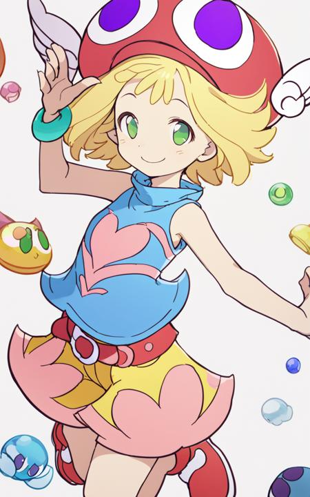 amitie green eyes, blonde hair, short hair hat, skyblue shirt sleeveless, red belt, red shoes, yellow shorts, pink heart