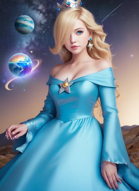 photo realistic, rosalina, 1girl, solo, mature female, blue dress, crown, upper body, space, starry sky, planets, stars <lora:Rosalina (Mario):1>