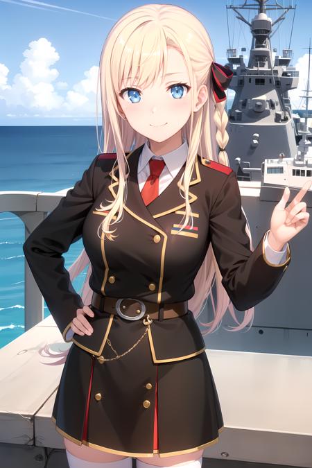 WilhelminaFriedeburg blonde hair, blue eyes, long hair, side braid, hair ribbon military uniform, brown jacket, brown skirt, belt, red necktie, white thighhighs