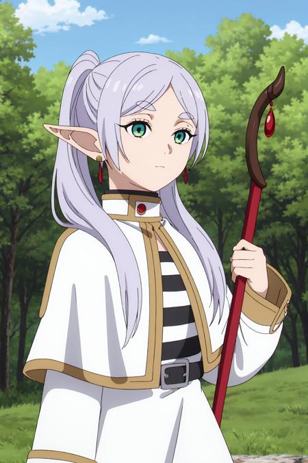 ((best quality)),((highly detailed)),masterpiece,absurdres,detailed face,beautiful face,(detailed eyes, deep eyes),1girl((dynamic pose)),  <lora:FrierenV1:0.7>, Frieren, pointy ears, white capelet, staff, solo, elf, earrings, jewelry, green eyes, long hair, outdoors, day, holding, holding staff, tree, white hair, sky, ponytail, belt, long sleeves, blue sky, striped, striped shirt, twintails, closed mouth, dress, upper body, white dress, shirt, bangs, expressionless, cloud, standing, parted bangs