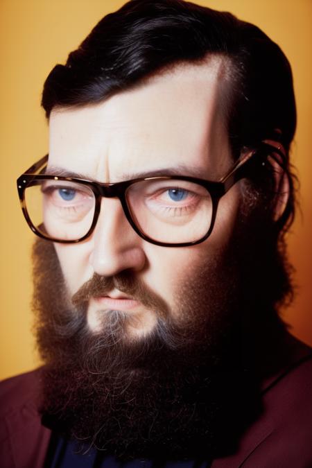 analog style, modelshoot style, portrait of sks man with beard and glasses by Flora Borsi, style by Flora Borsi, bold, bright colours, dark hair, ((Flora Borsi)) <lora:cortazar:1>