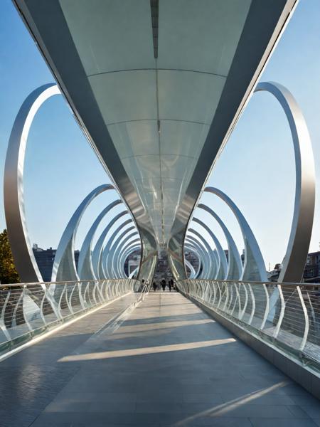 <lora:JJsPedestrianBridge_XL:1>, ((Pedestrian Bridge)),((masterpiece)) , ((best quality)), soft lighting, high quality, outdoors,  building, scenery,real world location, sign, sunlight, sky, daytime,  enough detail, high resolution, super realistic, Photorealistic, highly detailed,reflection,glass,   architectural drawing, highly detailed , curvy,
