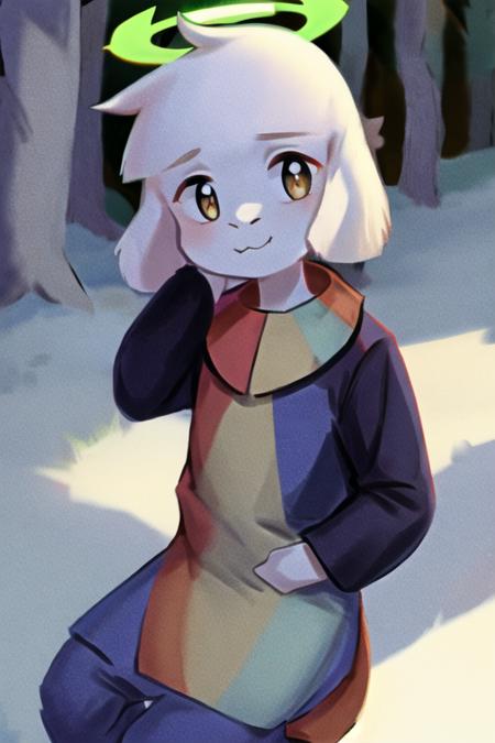 <lora:ssasriel:1>, goat boy, halo, anthro, white_hair, solo, sit, under, tree