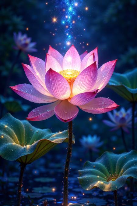 A vibrant illustration of a lotus flower, symbolizing purity, enlightenment, self-regeneration, and rebirth. The lotus is illuminated by shining starlight, with dew drops glistening on its petals. Set against an outdoor background with vibrant, natural colors. The scene is captured in extreme detail, UHD, 8K resolution, with natural lighting enhancing the fine art quality. The composition highlights the delicate beauty and spiritual significance of the lotus.