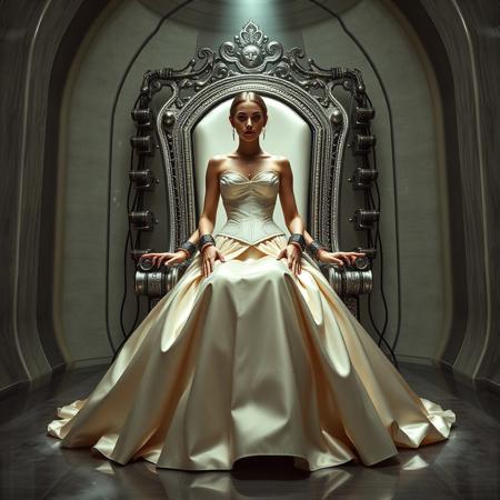 A slender, arrogant  rich norvegian bride, dressed in a luxurious, rich fantasy satin wedding gown with a fitted, boned corset and a full, flared skirt, paired with satin high heels, orgasm face, encased in beam of light from celling. The brainwashing temple electrode,  connected to a  futuristic superconputer rack. Her hands and ankles are bound to a polished steel throne by massive steel restraints, accentuating her ultra-thin waist.  weird fog from the floor. The scene is set in a sterile, empty chamber, with a glossy mother-of-pearl finish, evoking a sense of futuristic dread. Inspired by the cinematic styles of Ridley Scott, Guillermo del Toro, and H.R. Giger, with a blend of sci-fi and horror elements, this full-body portrait is a masterpiece of cinematic storytelling, shot on a virtual v-raptor XL camera, with a warm, film-grained aesthetic, subtle vignette, and rich color grading, reminiscent of 35mm film, with dramatic, atmospheric lighting, inviting the viewer to immerse themselves in this epic, stunning scene.