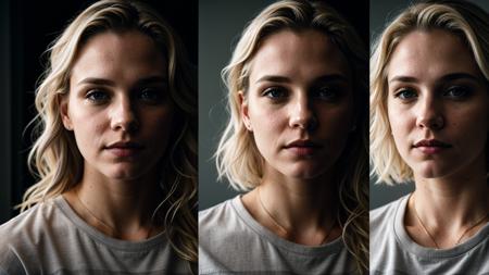 closeup portrait photos split,  of 32 y.o white female, wearing gray shirt, shaved beard, wavy dirty-blonde hair, cinematic shot, dramatic blind lighting