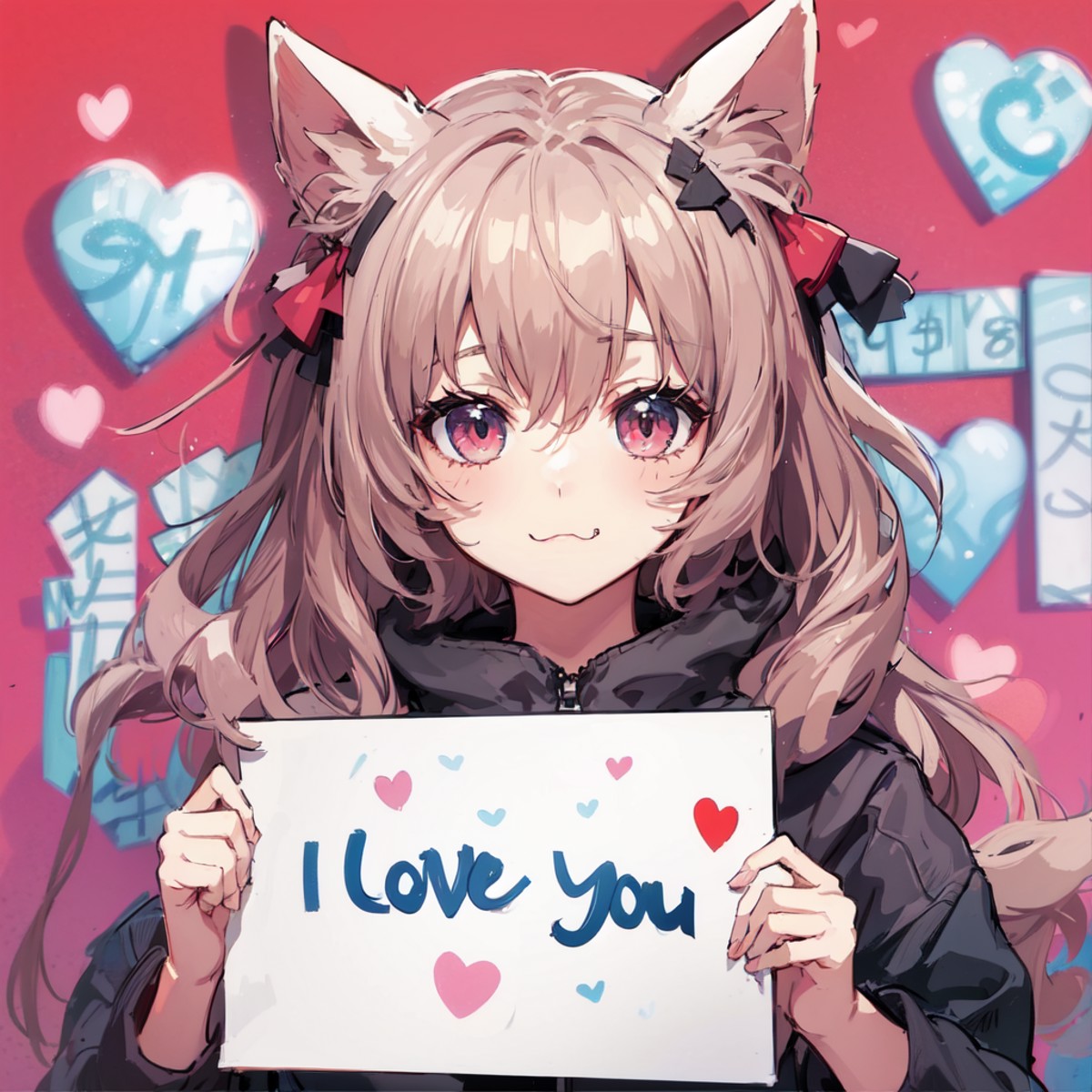 anime artwork a catgirl holding a sign that says "I love you", naughty face. anime style, key visual, vibrant, studio anim...