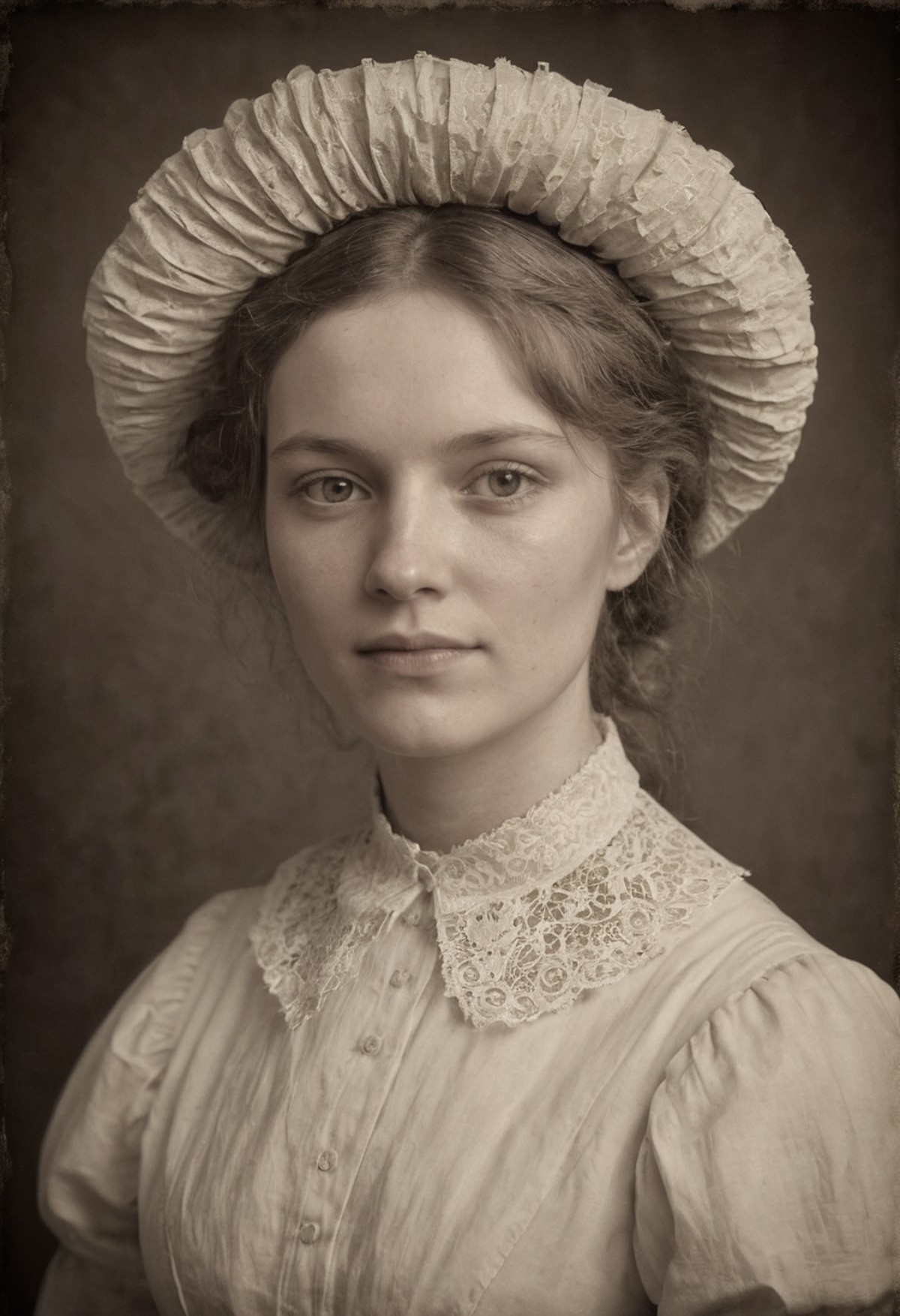 A Victorian-era servant woman poses for a head and shoulder portrait in a photograph style. Sepia tones, 19th-century aest...