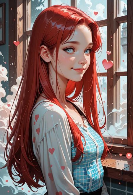 masterpiece, best quality, 32k, high resolution, absurdres, HD32k, 1girl solo, Joana free, Joana, long straight hair, light blue eyes, slim, red hair, small breasts, shy smile, peaceful,composed, depicted, pop_art, halftone_patterns, parted bangs, matt_skin, squares, splash_art, splattered_frame_border, dreamy_look, curious, joy, solo, serene expression, squares, fog, window, dreamlike, front_particles, fairytale_landscape hrtdrp, Hearts Drips,