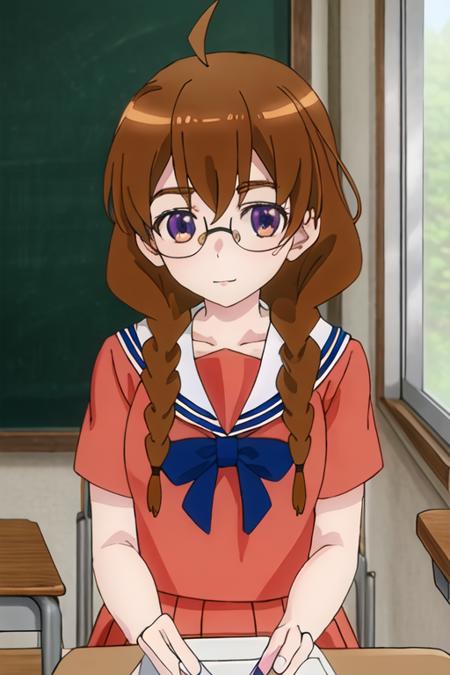 best quality, masterpiece, highres, solo, {sekine_4ninwasorezoreusootsuku:1.15}, brown_hair, glasses, braid, twin_braids, long_hair, ahoge, purple_eyes, serafuku, brown_eyes, 1girl, anime_coloring, chalkboard, school_uniform, classroom, indoors, sailor_collar