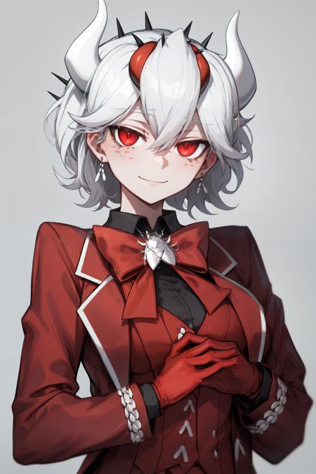 <lora:beelzebub:1>beelzebub(helltaker), red bowtie, white background, 1girl, suit, looking at viewer, red eyes, jacket, demon horns, white hair, vest, red bow, shirt, formal, bow, upper body, waistcoat, smile, earrings, closed mouth, demon girl, red gloves, black shirt, bowtie, gloves, jewelry, simple background, red jacket, horns, white horns, solo, hair between eyes, short hair