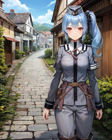 best quality, (masterpiece:1.2), illustration, absurdres,
(1girl), (solo), (beautiful detailed girl),  cowboy shot,,
<lora:ClaireRMP-08:0.8>, blue hair, side ponytail, scrunchie, red eyes, medium breasts,
garrison cap, grey headwear. grey military uniform, grey pants,black capelet, purple belt, brown boots,
looking at viewer, gentle smile,
medieval town alley, cobblestone street, sky, clouds, buildings,