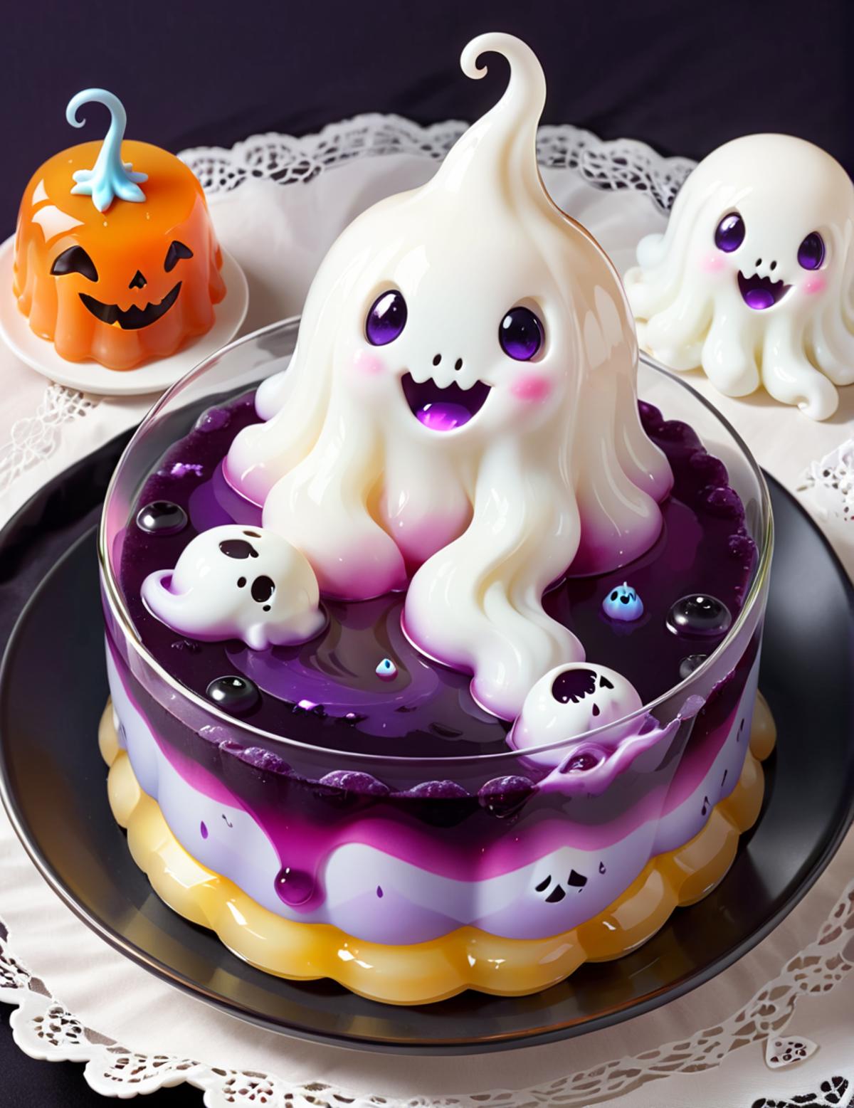 A cake with white frosting and purple liquid in a glass bowl, featuring a cute design of a ghost and a spooky pumpkin.