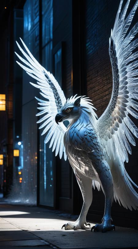 Crystal-winged griffins, hacking into a secure network, Urban streetlight haze, balmy with a warm breeze, dramatic noir lighting, full body length shot, personal medium close-up, kinetic motion emphasis, frosted ice crystals, prism rainbow splitting, diagonal line dynamic tension, beaded curtain backdrop.