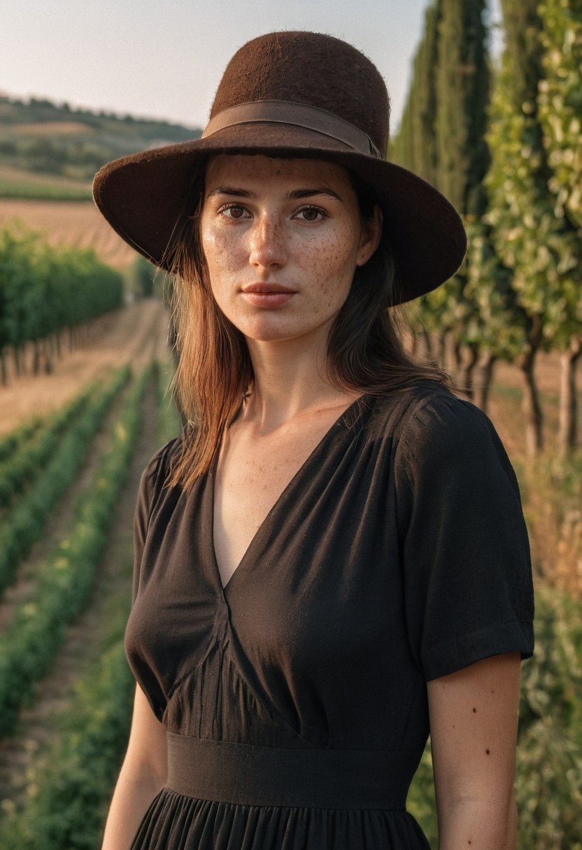 An beautiful 35mm photo of a 30 year old Dutch woman, ((black dress)), ((summers hat)) ((full body:1.2)),she has a comely face, pale skin, very dark eyes, chocolate brown hair, straight hair, 70's fringe, ponytail, beautiful mouth, long face, narrow chin, freckles on nose, birthmarks on stomach, she is slim, natural tits, perfectly shaped tits, pubic hair, ultra realistic, extremely detailed, highly detailed eyes, realistic eyes, highly detailed skin, realistic skin, happy, in love with viewer, in the Chianti area in Tuscany, evening, soft natural light, Rembrandt style light, 8k resolution, masterpiece, 35mm, Hasselblad, film grain, (ultra high res:1.2),(photo-realistic:1.3) (skin pores:1.1)